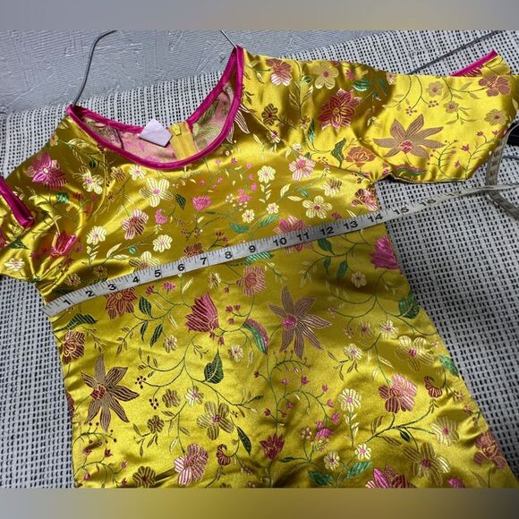 Vintage Cheongsam Qipao Floral Satin yellow Pink Dress size 10 - Picture 3 of 7